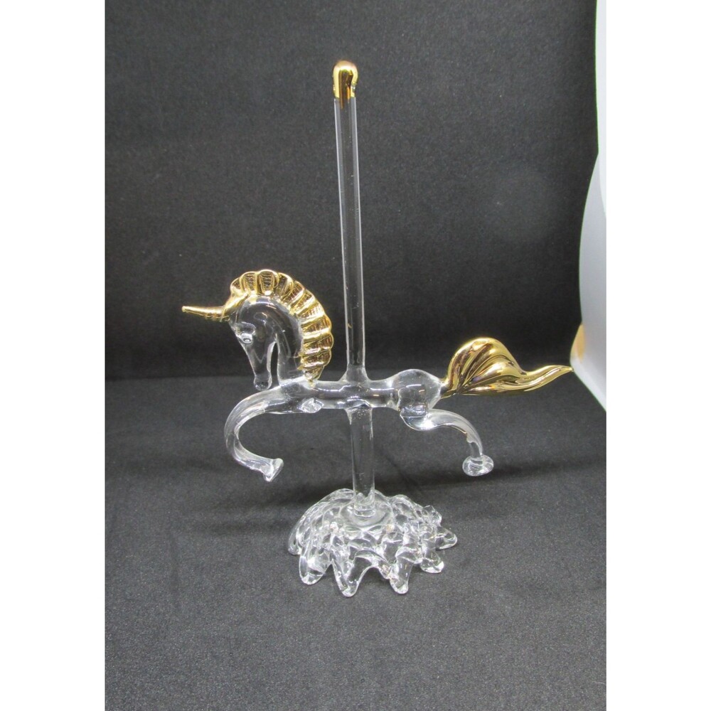 22kt Gold Trimmed Clear Carousel unicorn on Pole 5 in hand blown spun glass